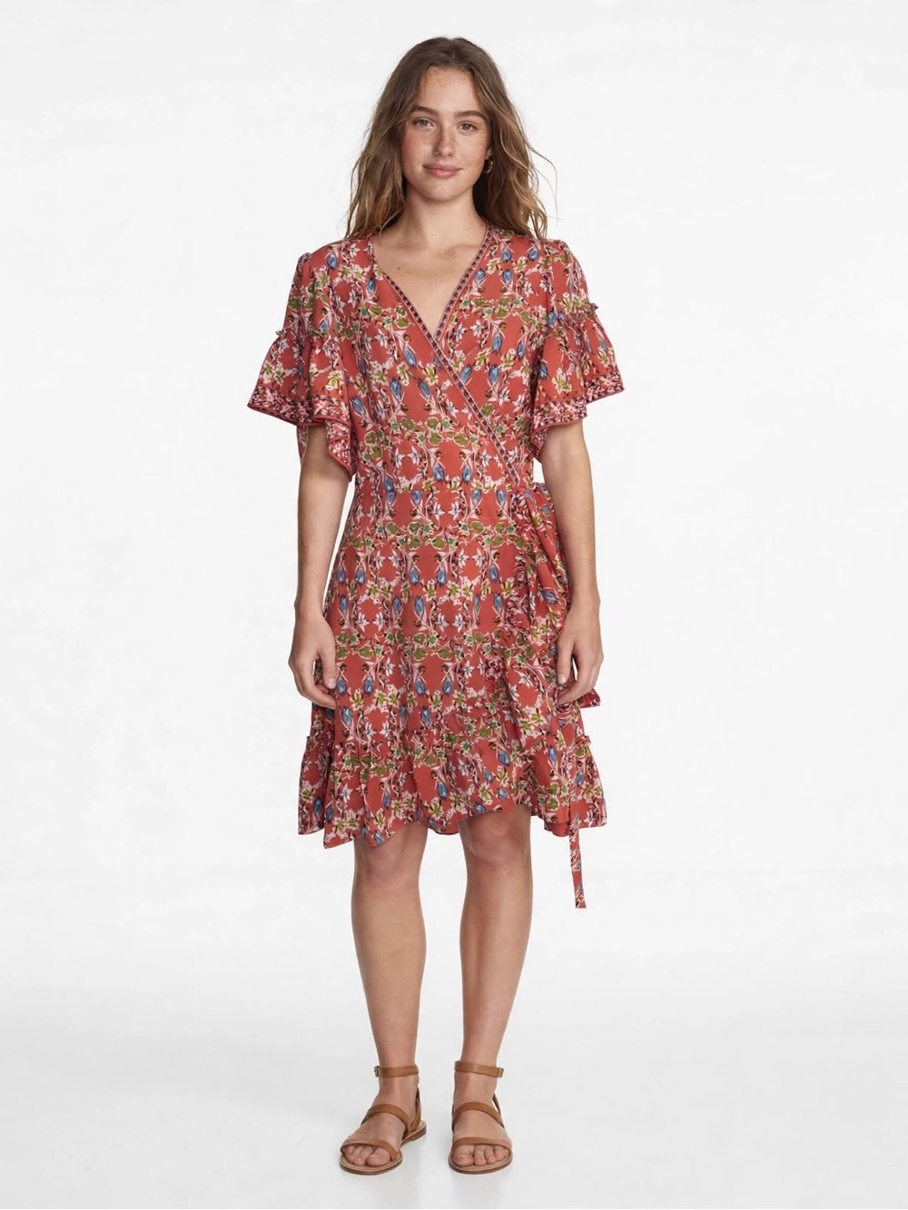 MAX STUDIO Coral Floral Faux Wrap Dress Size S Boho Ruffle Midi Flutter Sleeve
